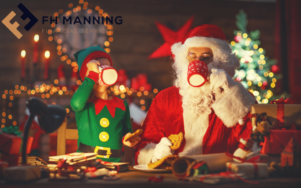 Santa having a cup of Tea with his Elf helper